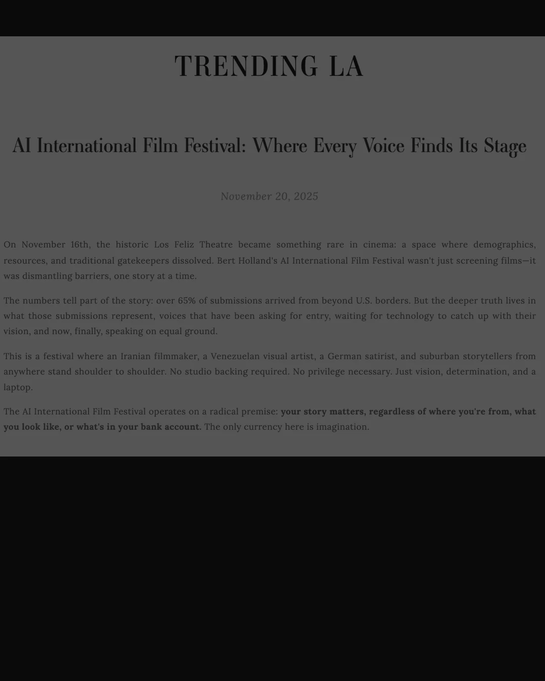 Trending LA article about the AI International Film Festival